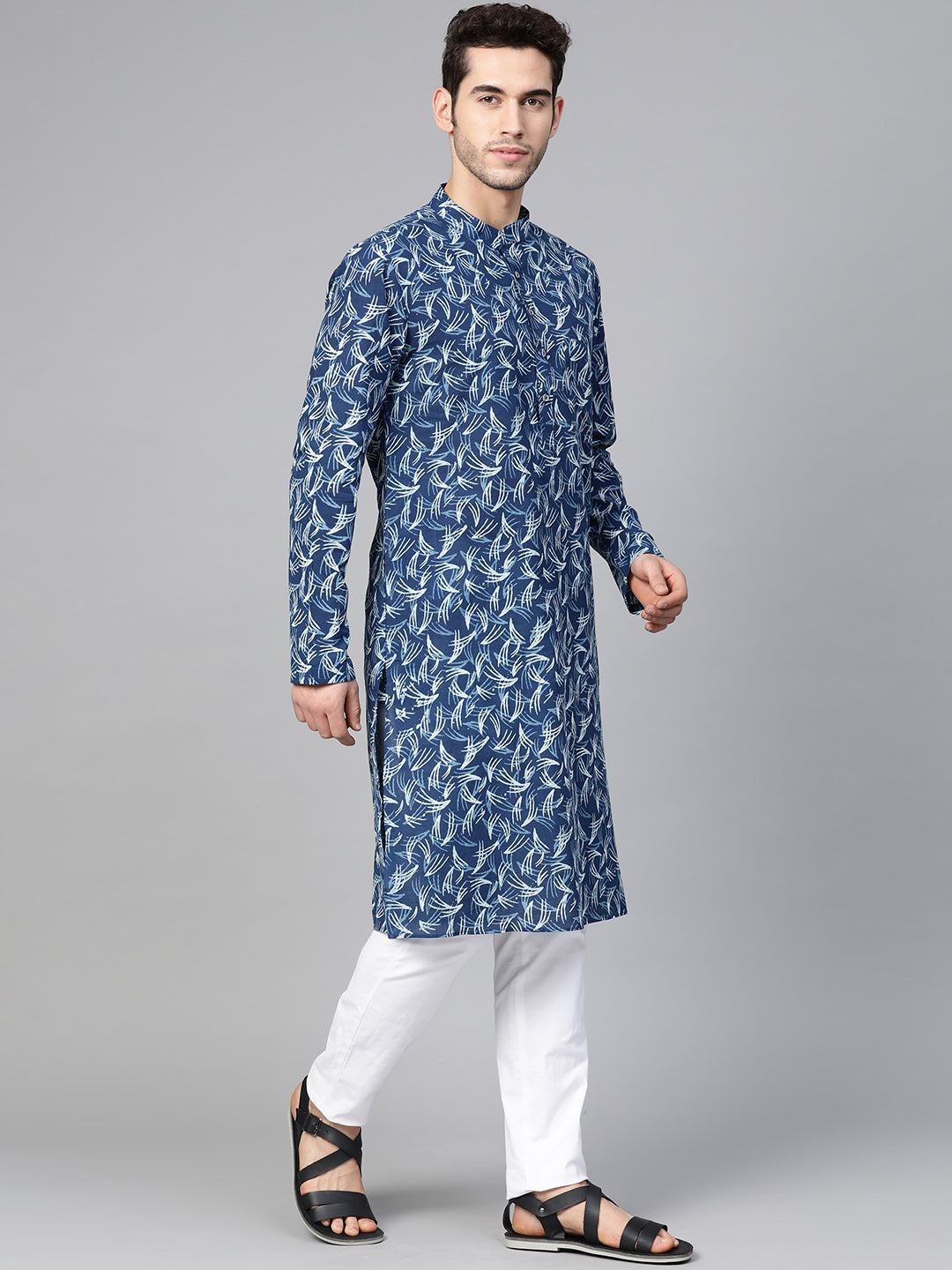 Men's Blue Indigo Hand Block Print Straight Sustainable Kurta - See Designs