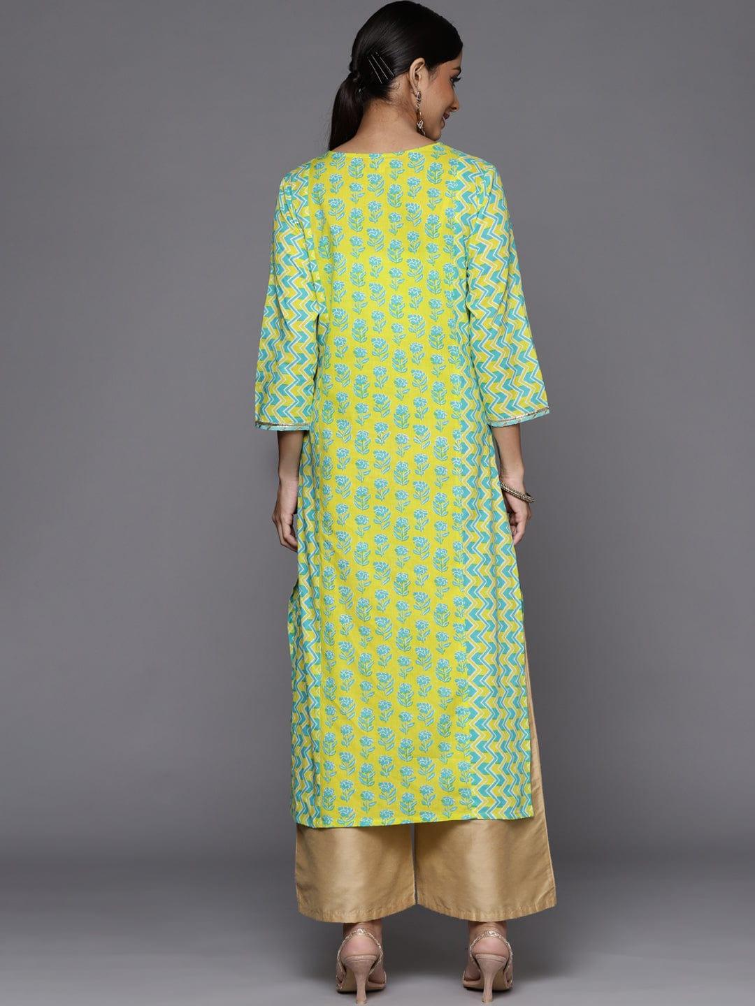 Varanga Women Green & Turquoise Blue Geometric Printed Cotton Gotta Patti Kurta - Indiakreations