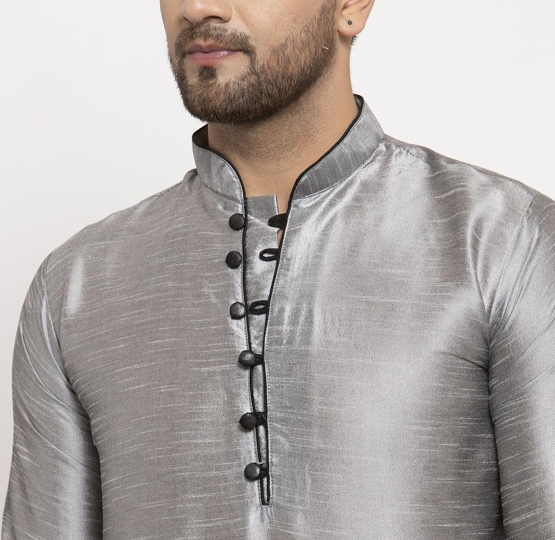 Men's Silk Blend Grey Straight Long Kurta - Benstoke - Indiakreations