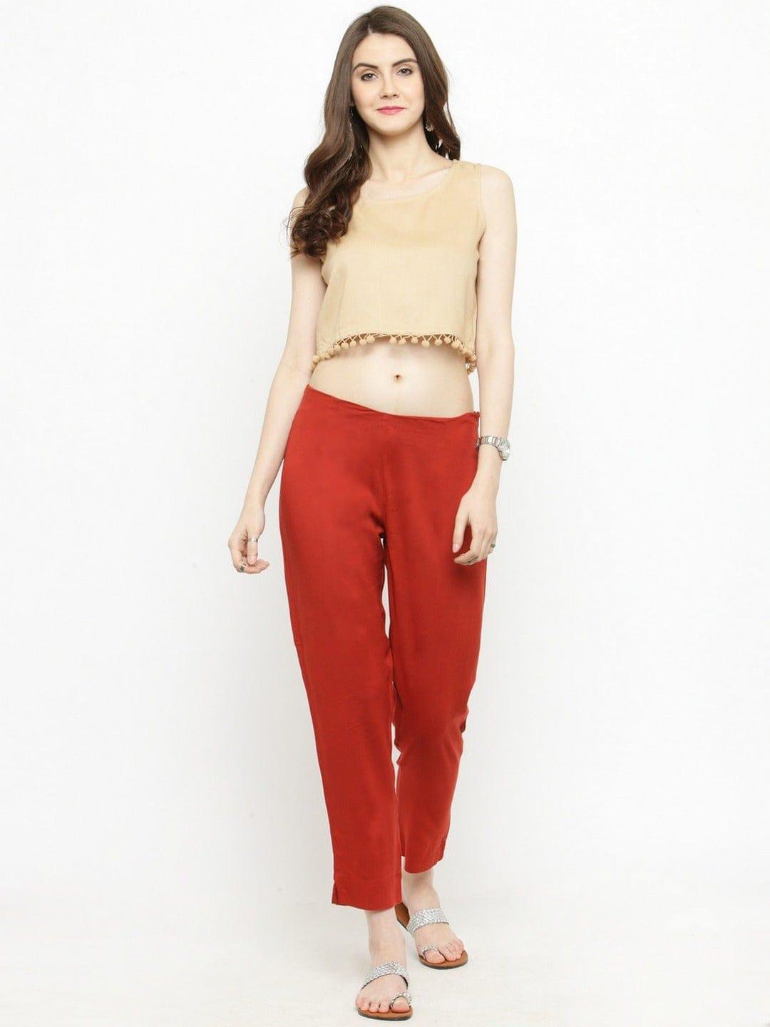 KSUT Red Straight Fit Solid Regular Trousers - Indiakreations