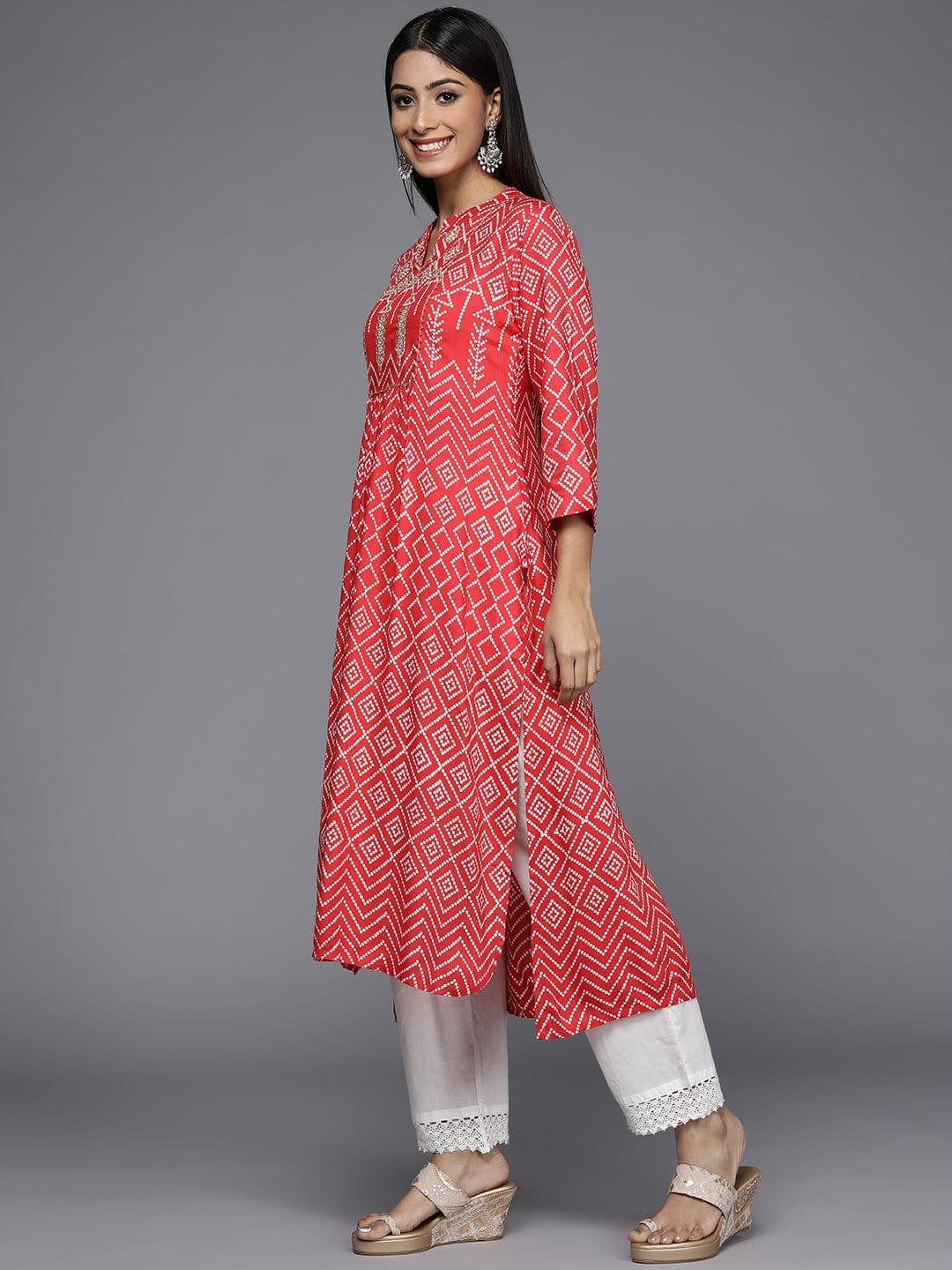 Varanga Women Red & White Bandhani Printed Gotta Patti Indie Prints Kurta - Indiakreations