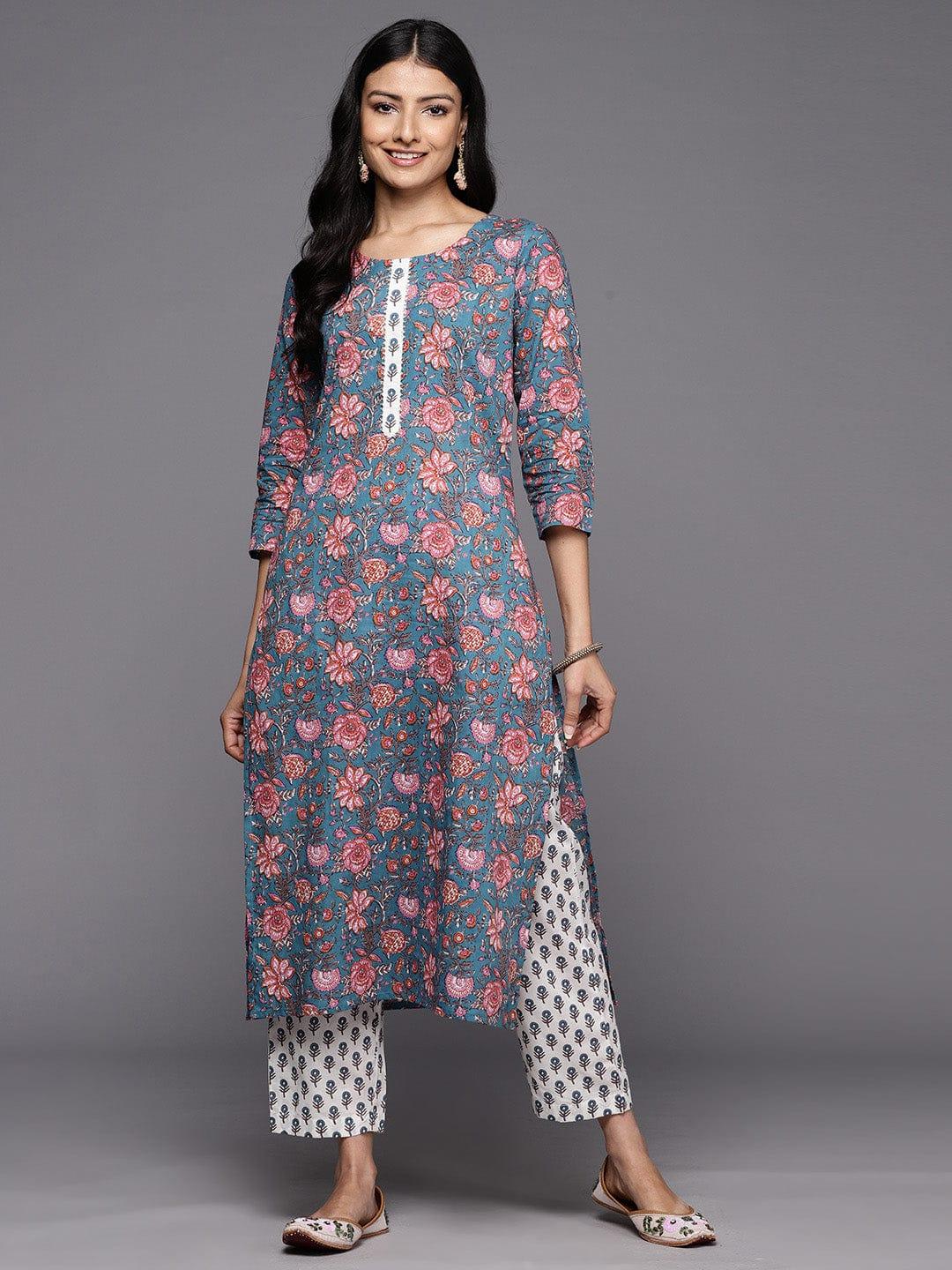 Varanga Floral Printed Gotta Patti Pure Cotton Kurta With Trousers - Indiakreations