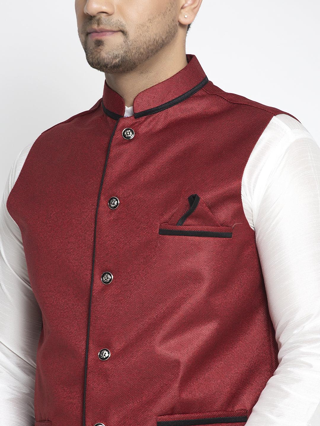 Men's Silk Blend White Kurta With Pyjama & Maroon Nehru Jacket - Benstoke - Indiakreations