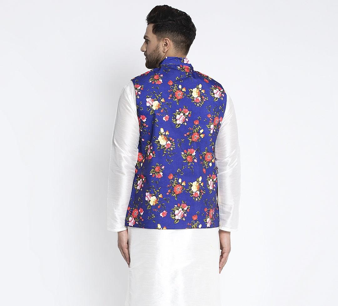 Men's Blue & Multi Printed Nehru Jacket - Benstoke - Indiakreations