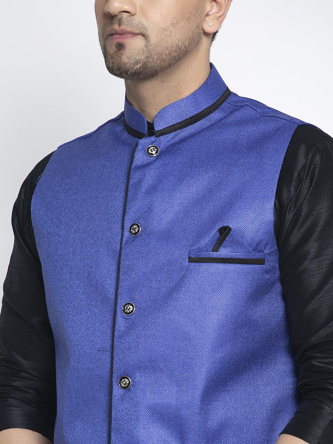 Men's Silk Blend Black Kurta With Pyjama & Royal Blue Nehru Jacket - Benstoke - Indiakreations