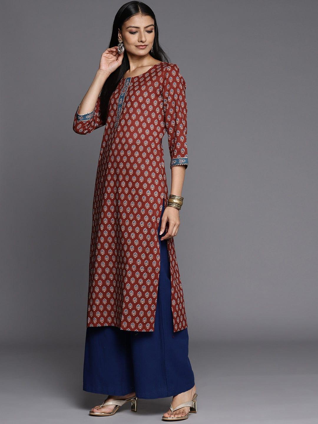 Varanga Women Maroon & Blue Ethnic Motifs Printed Gotta Patti Kurta - Indiakreations