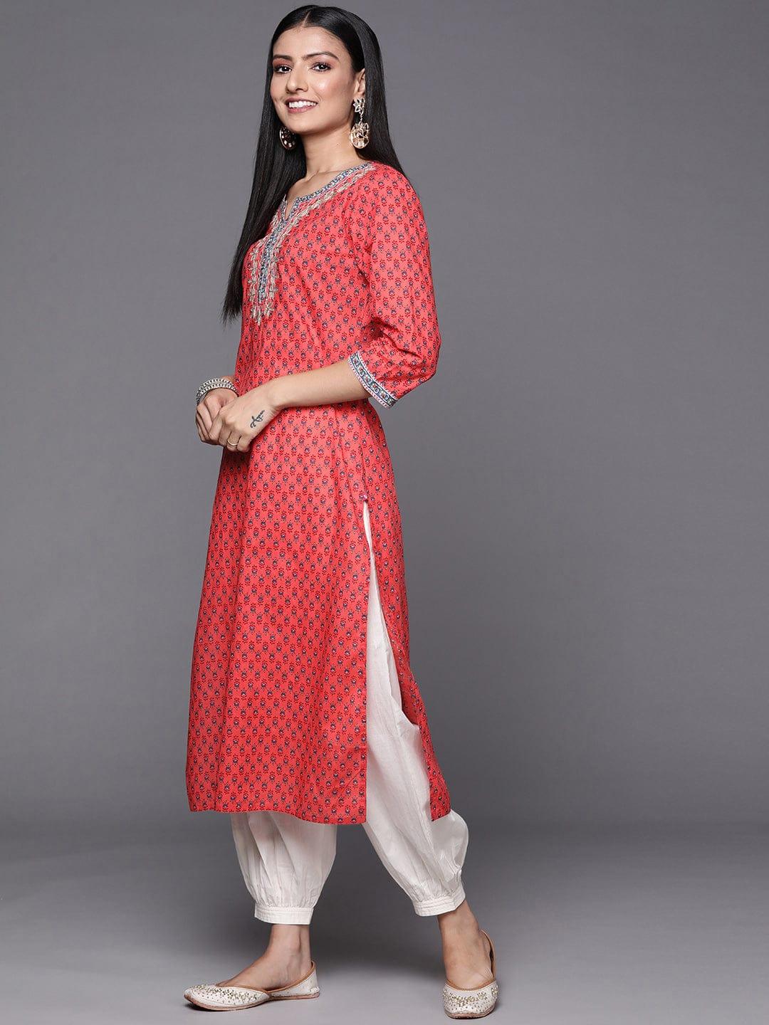 Varanga Women Coral & Blue Floral Printed Gotta Patti Floral Kurta - Indiakreations