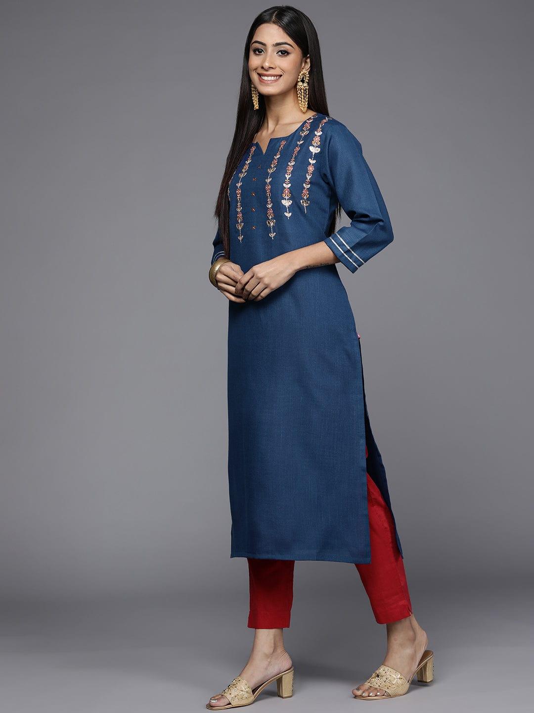 Varanga Women Blue Floral Embroidered Thread Work Indigo Kurta - Indiakreations