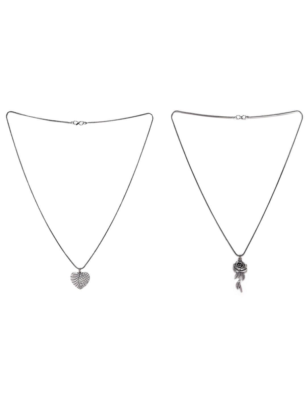 Women's Set of 2 Heart & Rose shaped Oxidised Silver-Toned Textured Necklace - Jazz and Sizzle - Indiakreations