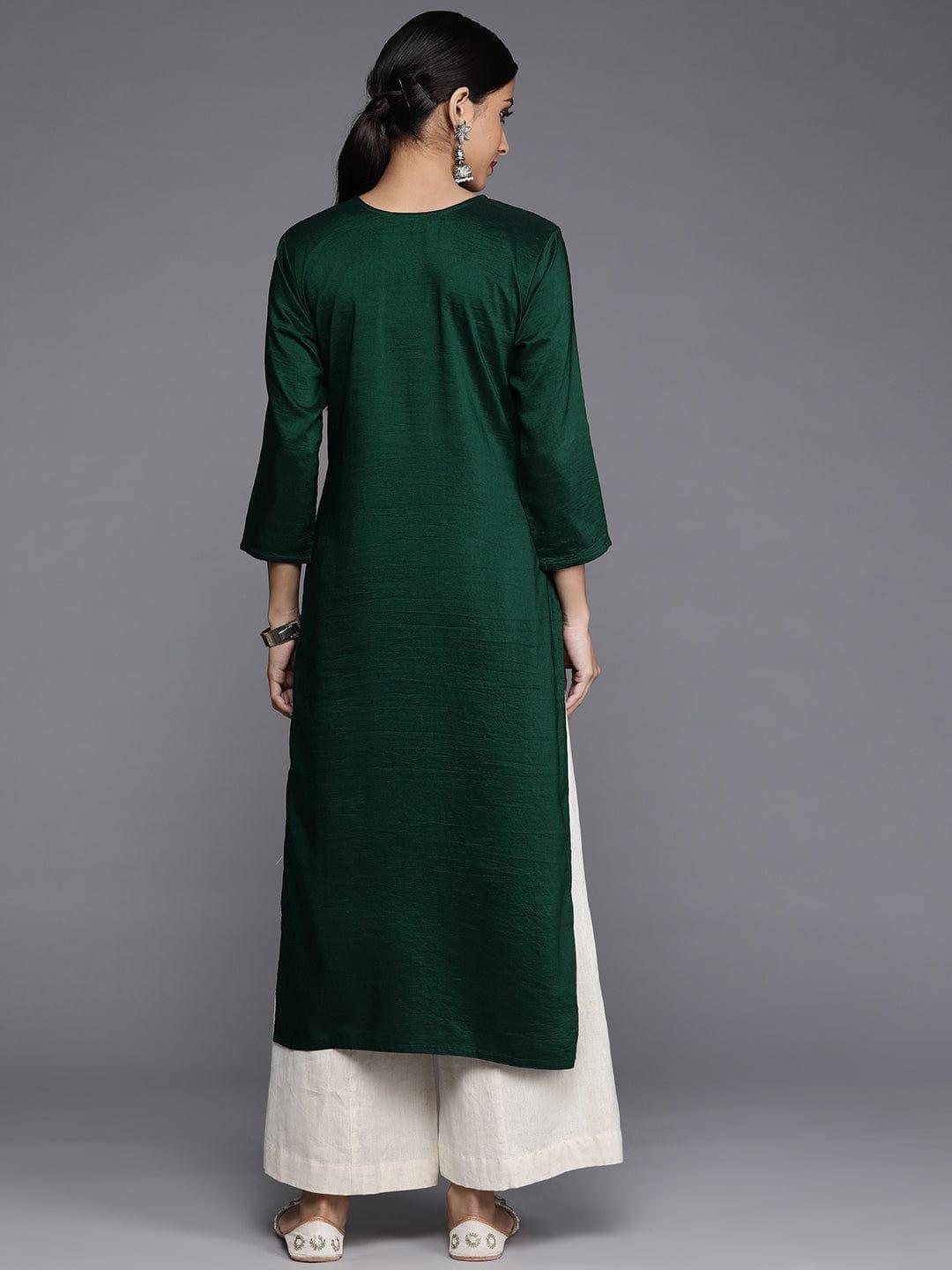 Varanga Women Green & White Ethnic Motifs Yoke Design Thread Work Raw Silk Kurta - Indiakreations