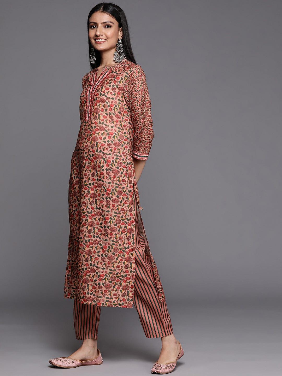 Varanga Women Peach-Coloured Floral Printed Winter Kurta with Palazzos - Indiakreations