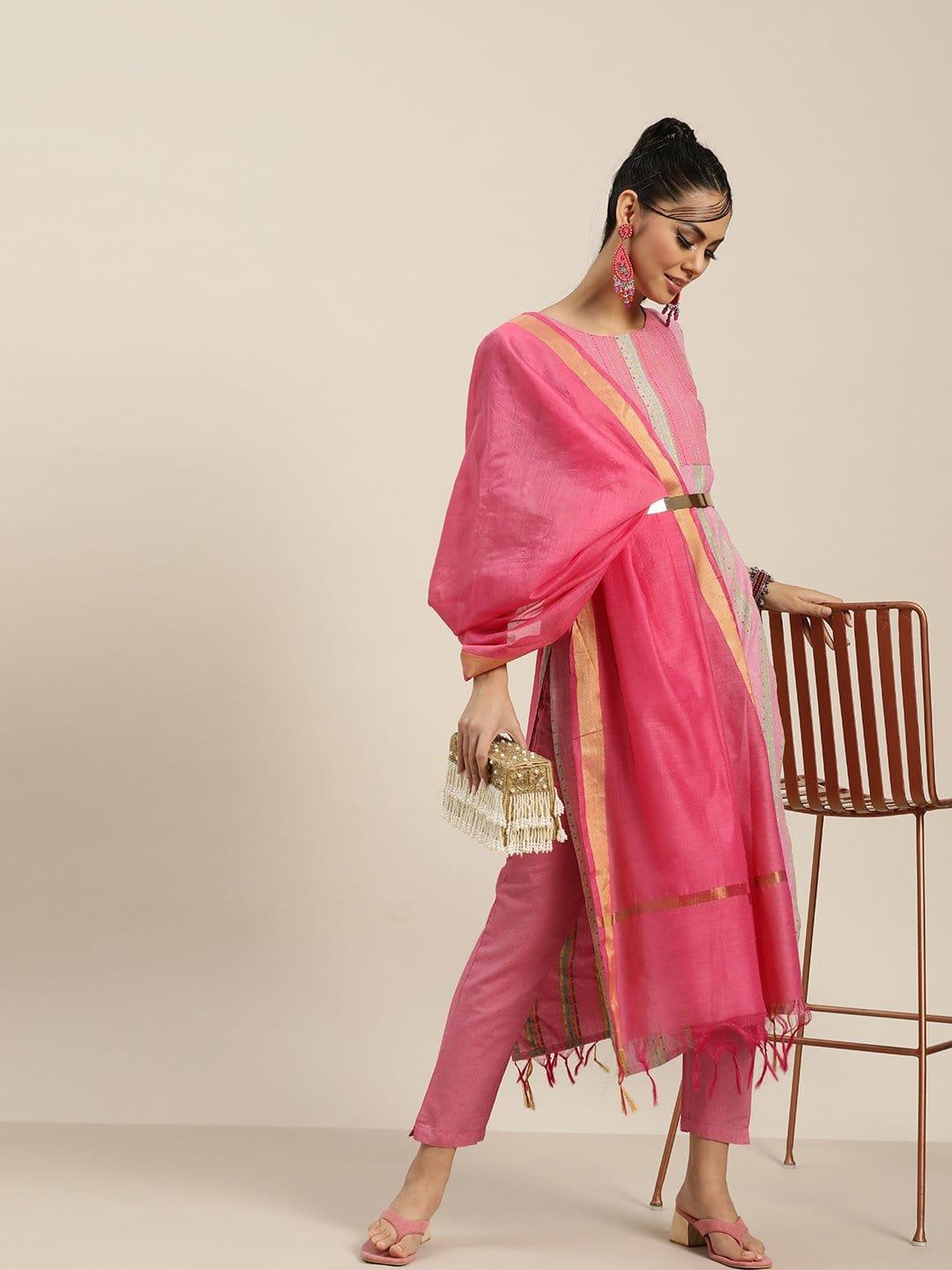 KSUT Pink And Multi Color Woven Straight Kurta With Pink Woven Trouser With Pink Silk Dupatta - Indiakreations