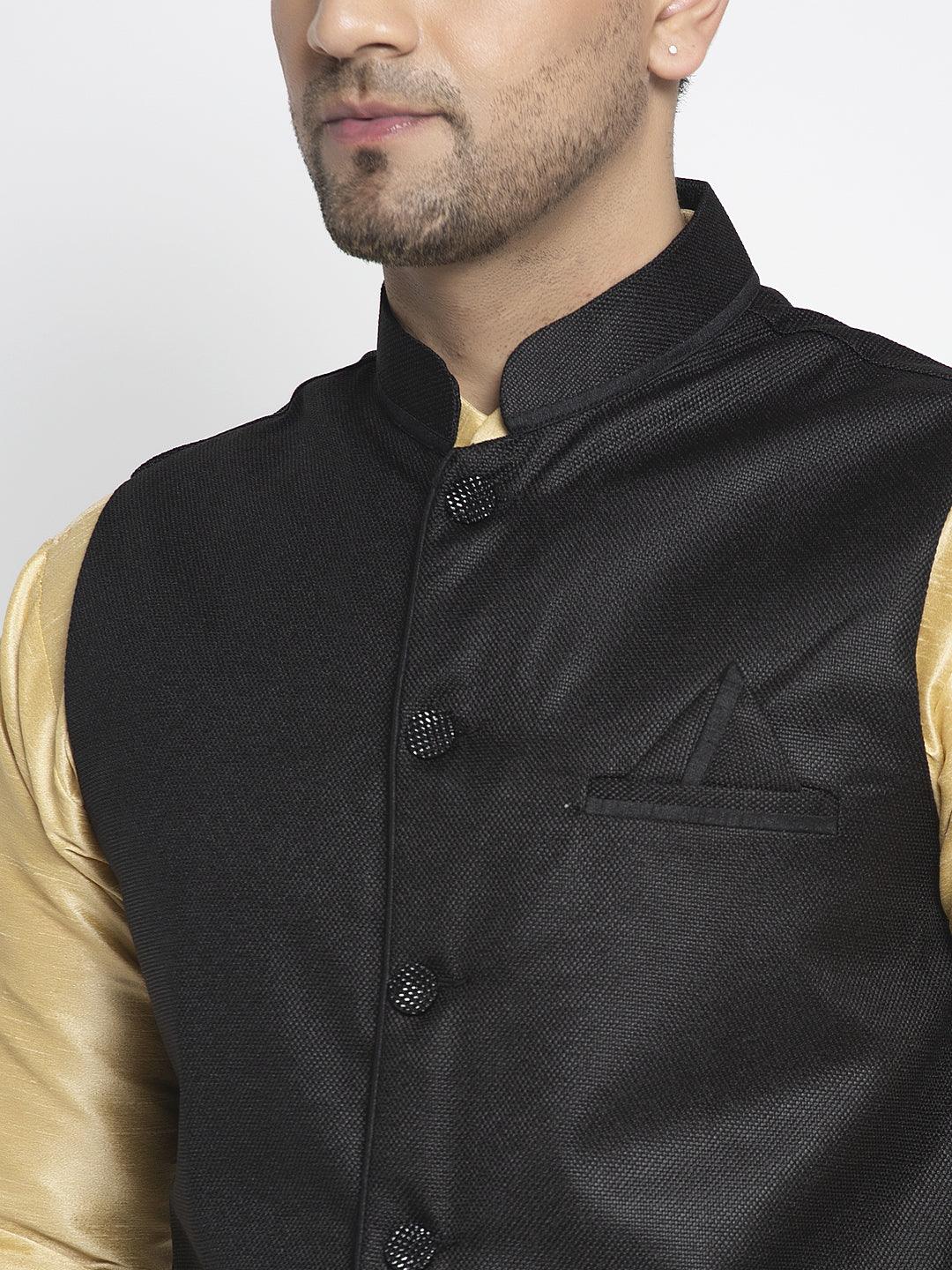 Men's Silk Blend Gold Kurta With Pyjama & Black Nehru Jacket - Benstoke - Indiakreations