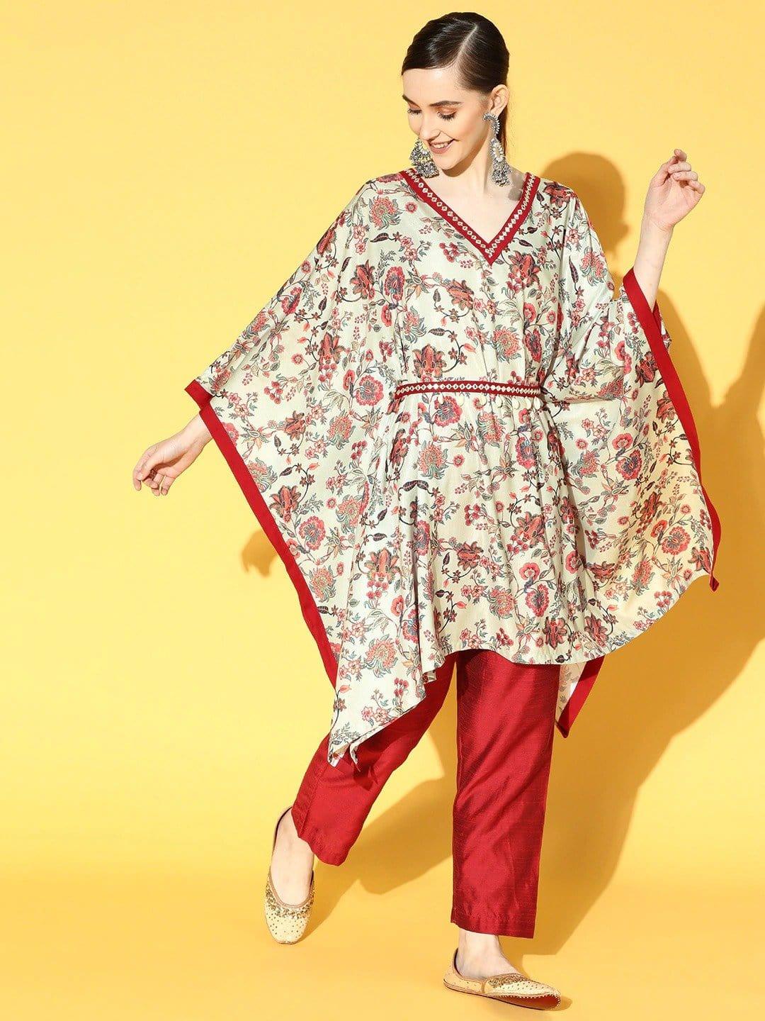 Off White And Red Floral Printed Kaftan With Silk Trouser And Mirror Work Embellished Belt - Indiakreations