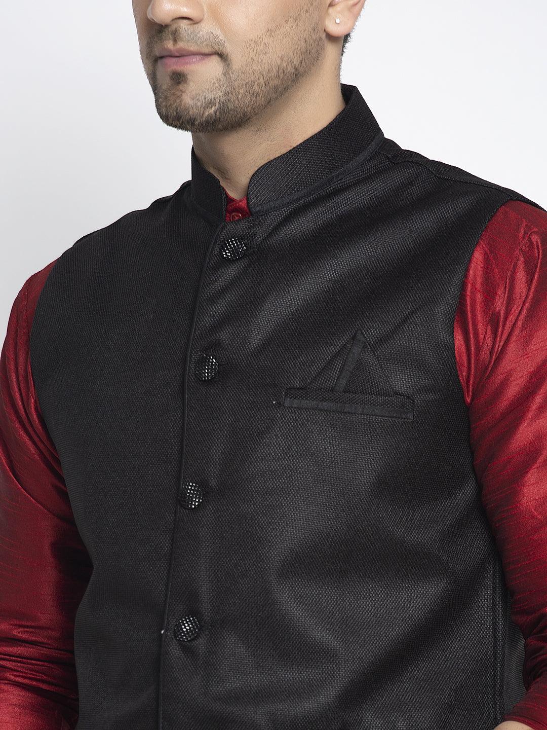 Men's Silk Blend Maroon Kurta With Pyjama & Black Nehru Jacket - Benstoke - Indiakreations