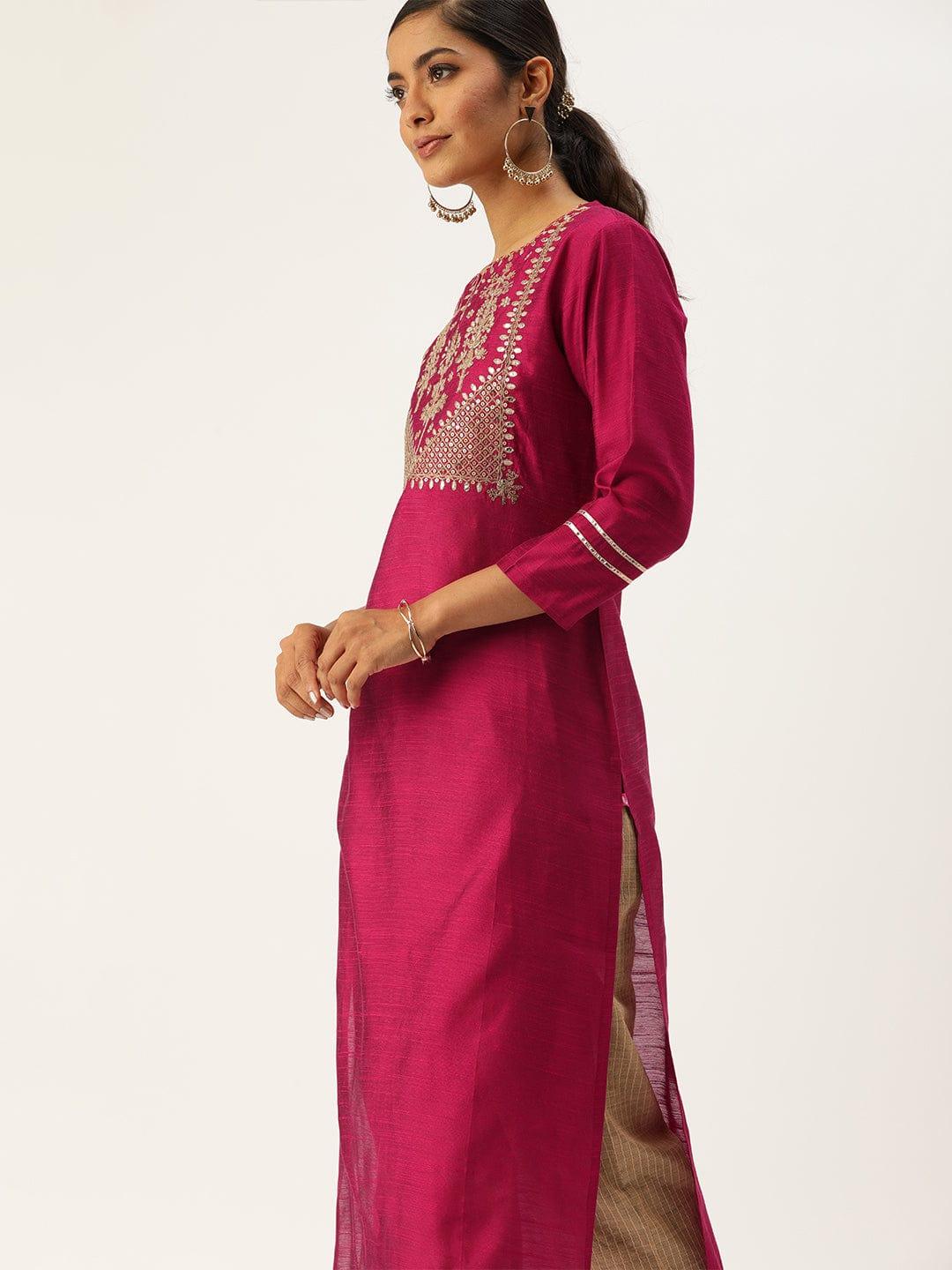 Magenta Pink Yoke Design Straight Kurta with Gotta Patti & Sequins - Indiakreations