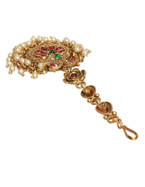 Women's Gold-Plated Green & Pink Stone-Studded & Beaded Temple Maang Tikka - Jazz And Sizzle - Indiakreations