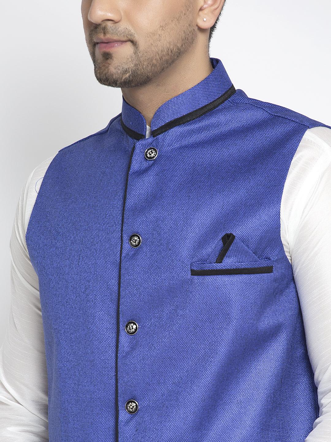 Men's Silk Blend White Kurta With Pyjama & Royal Blue Nehru Jacket - Benstoke - Indiakreations