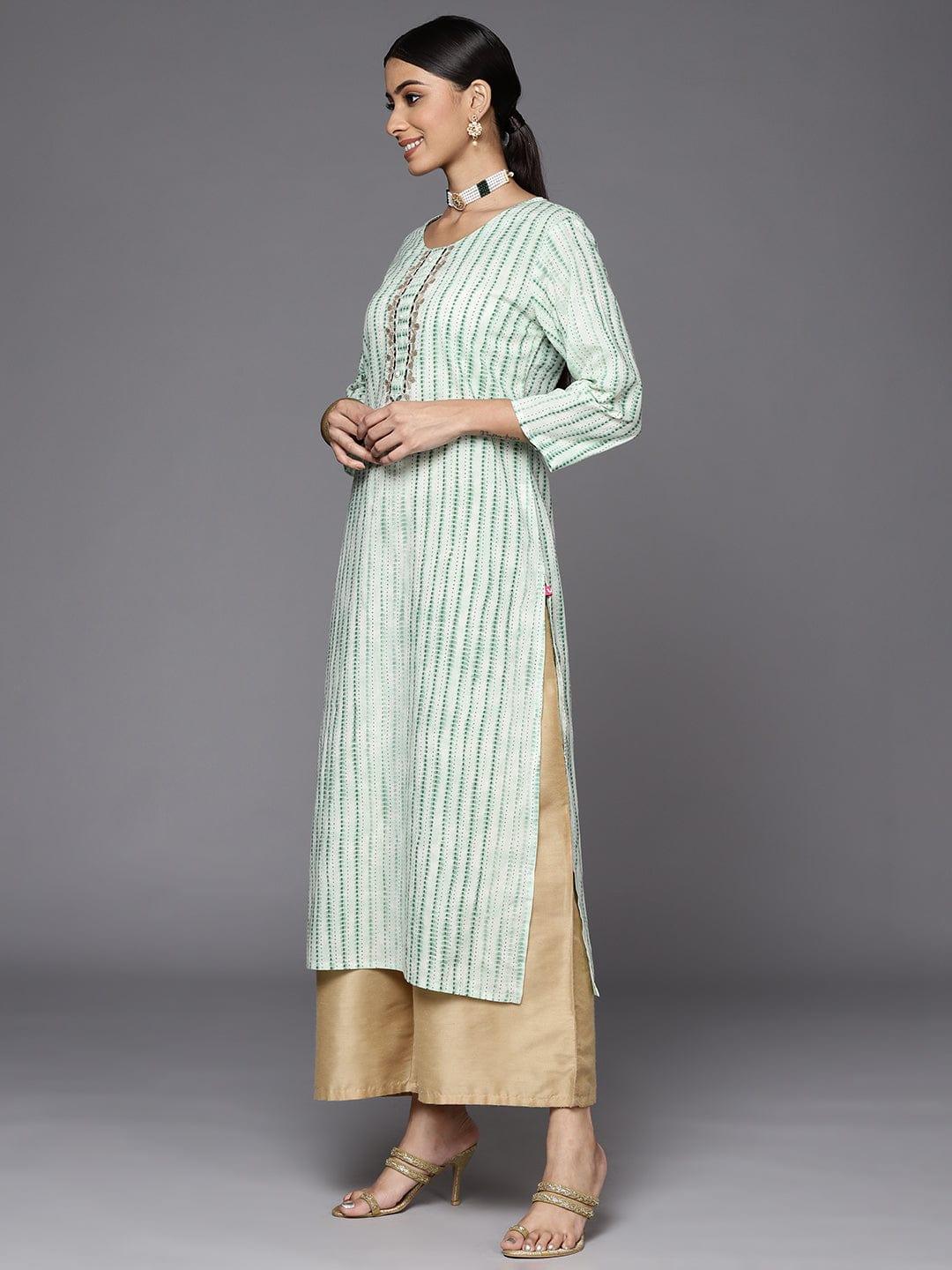 Varanga Women Green & White Printed Gotta Patti Indie Prints Kurta - Indiakreations