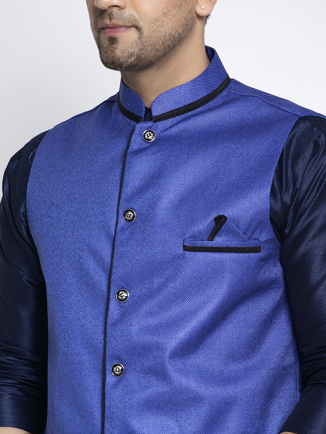 Men's Silk Blend Navy Blue Kurta With Pyjama & Royal Blue Nehru Jacket - Benstoke - Indiakreations