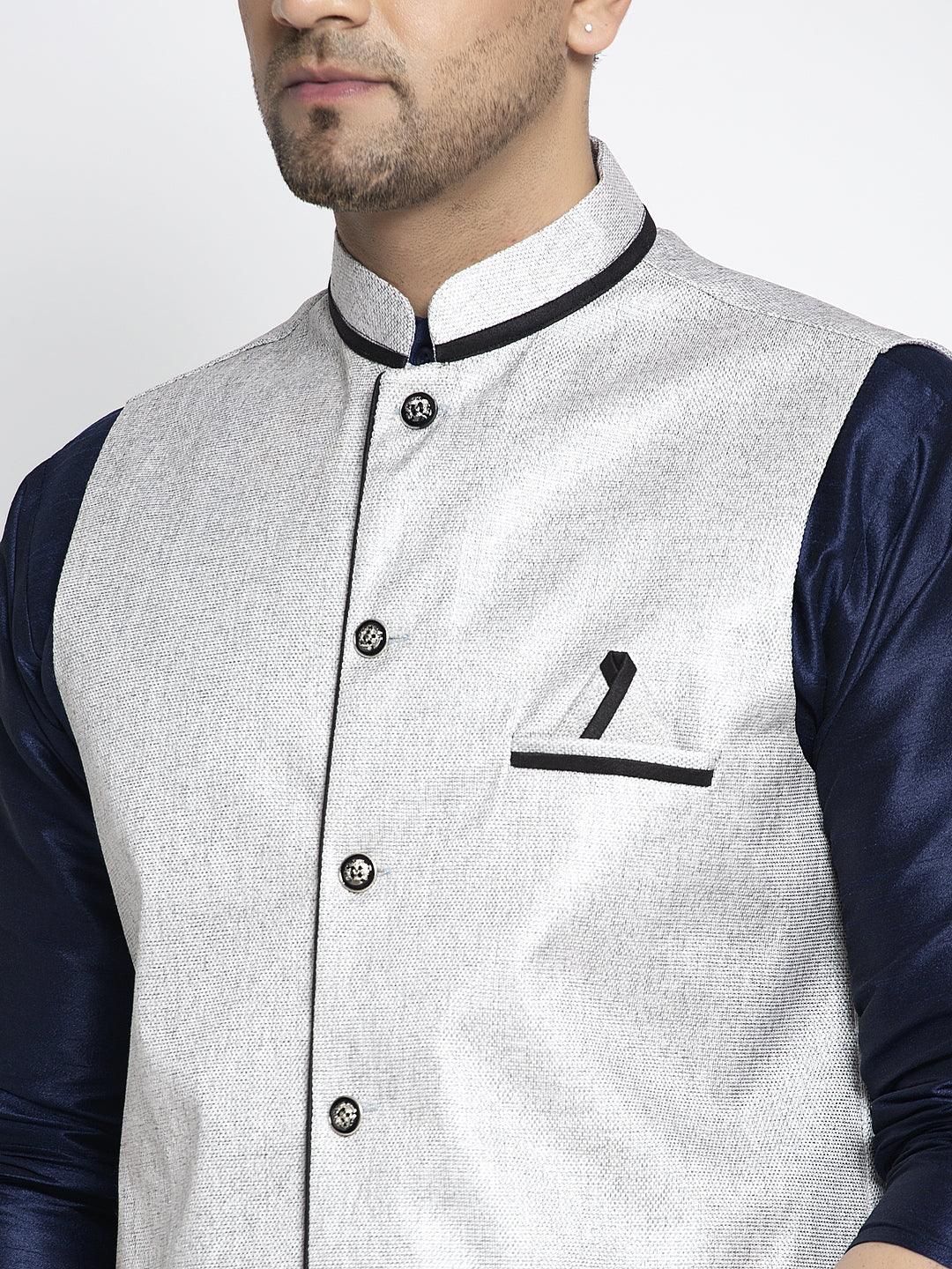 Men's Silk Blend Navy Blue Kurta With Pyjama & Grey Nehru Jacket - Benstoke - Indiakreations