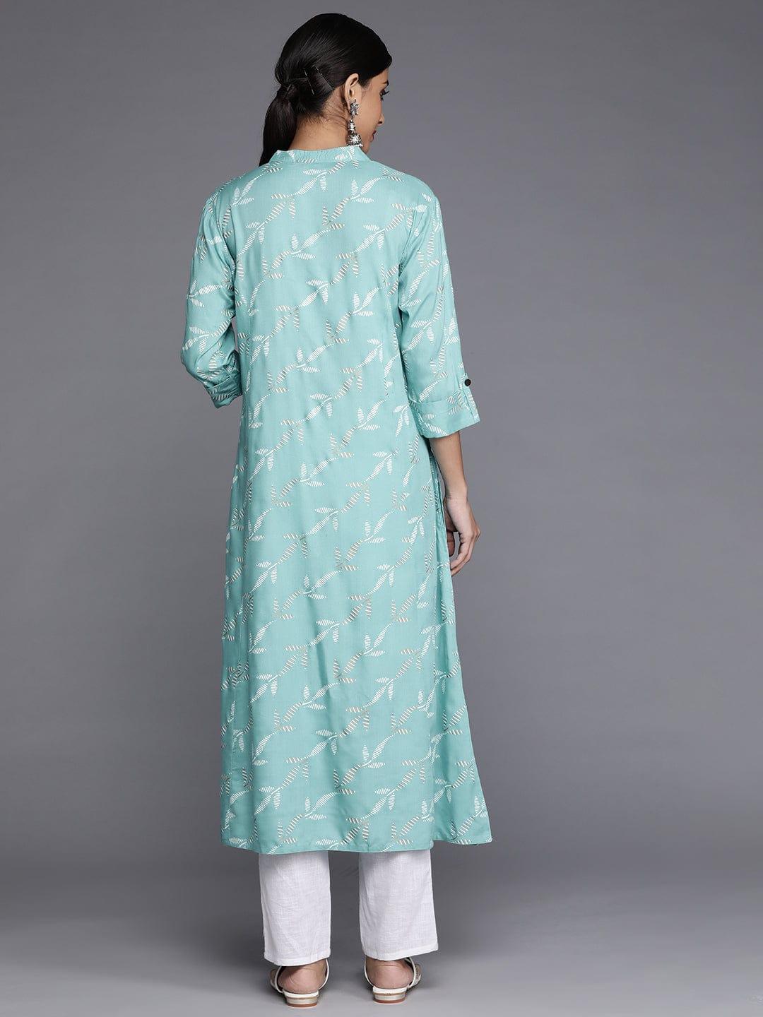 Varanga Women Turquoise Blue & White Floral Printed Kurta - Indiakreations