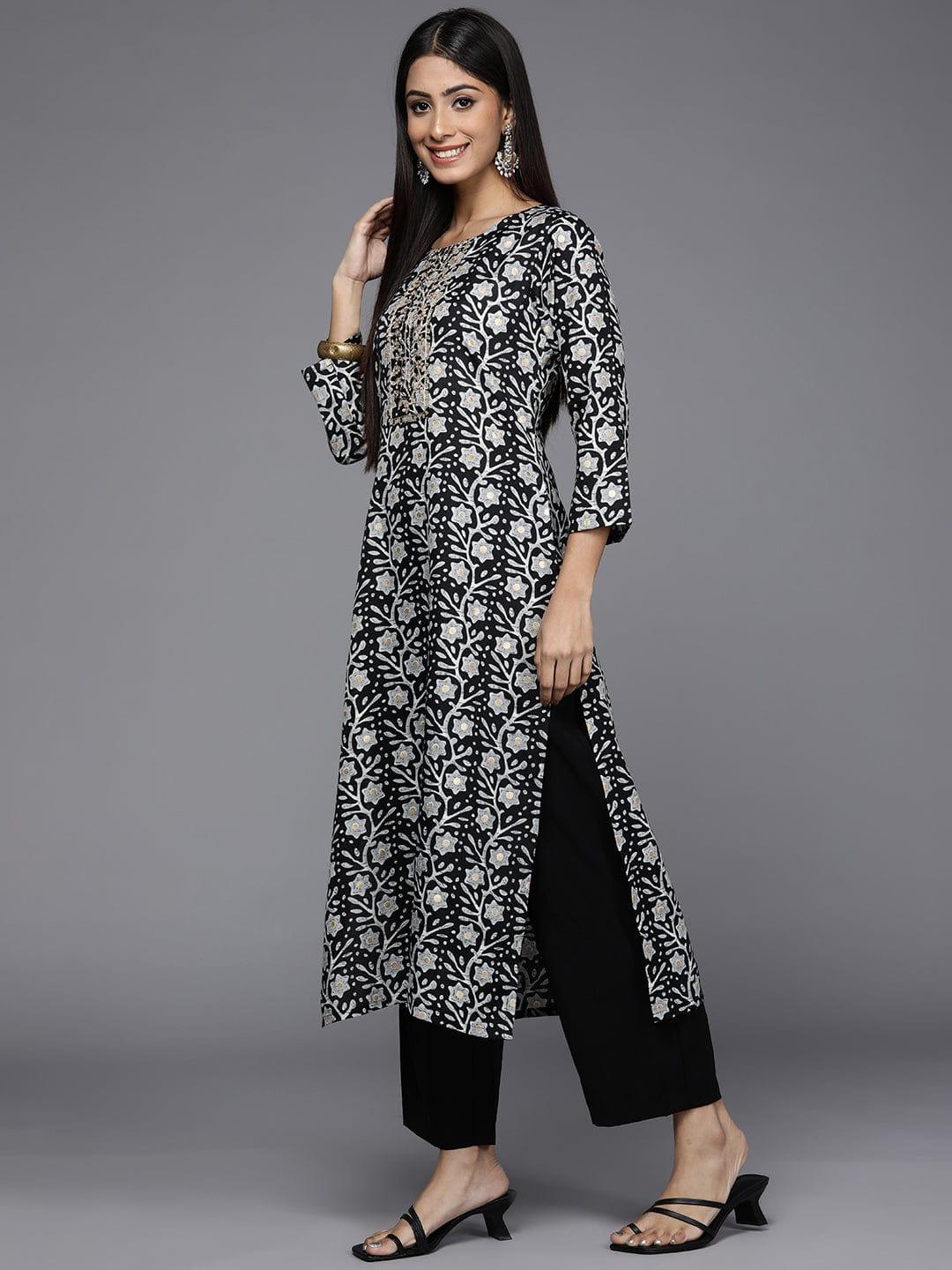 Varanga Women Black & Grey Floral Printed Zardozi Kurta - Indiakreations