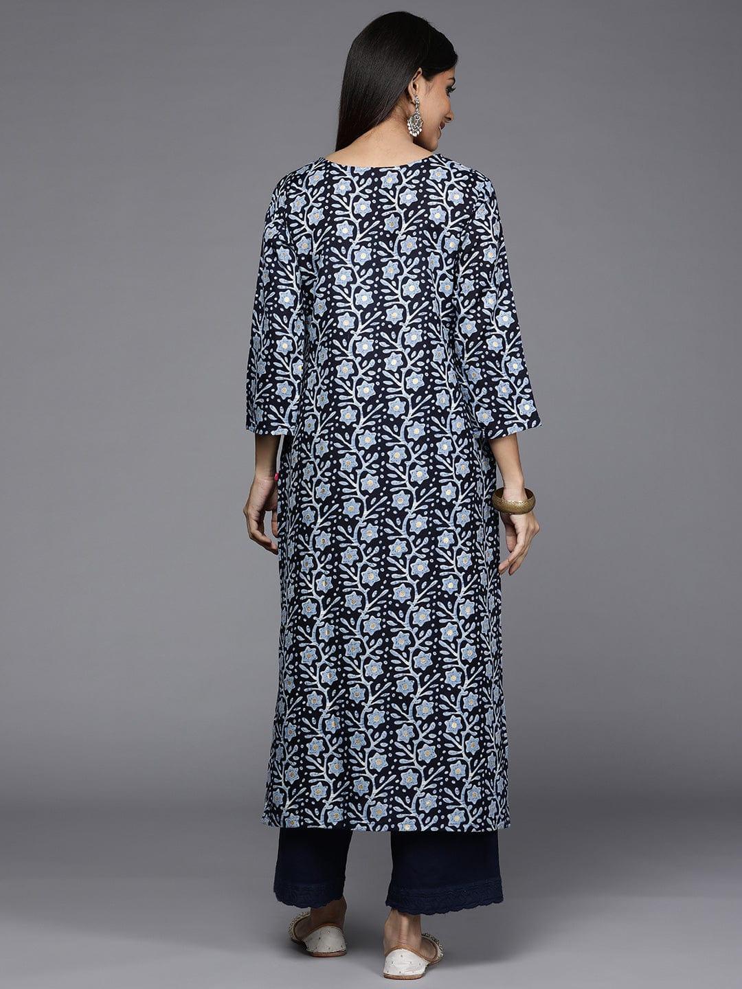 Varanga Women Navy Blue & Blue Floral Printed Zardozi Indigo Kurta - Indiakreations