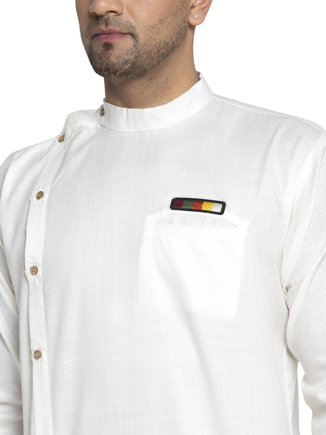 Men's Cotton White Asymmetric Solid Kurta With Trousers - Benstoke - Indiakreations