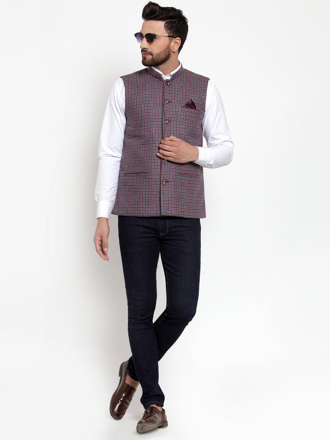 Men's Dhrohar Premium Wool Nehru Jacket - Red And Blue - Size - 38 - Neudis Men - Indiakreations