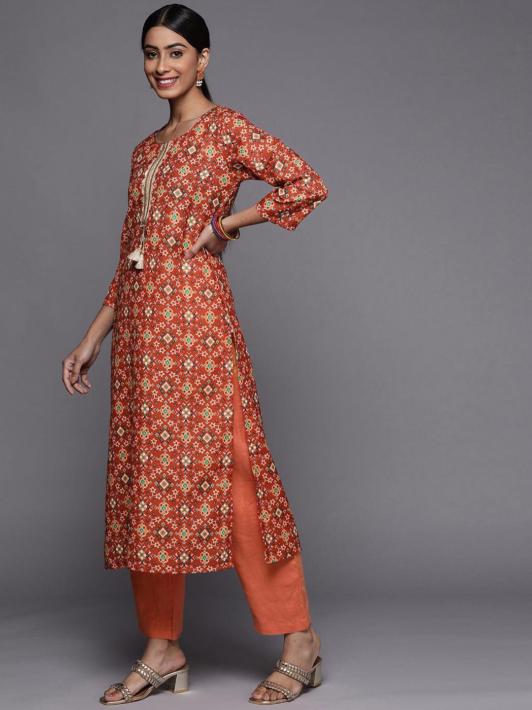 Varanga Winter red printed kurta with lace embalishment - Indiakreations