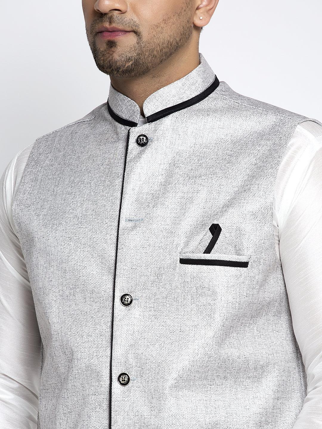 Men's Silk Blend White Kurta With Pyjama & Grey Nehru Jacket - Benstoke - Indiakreations