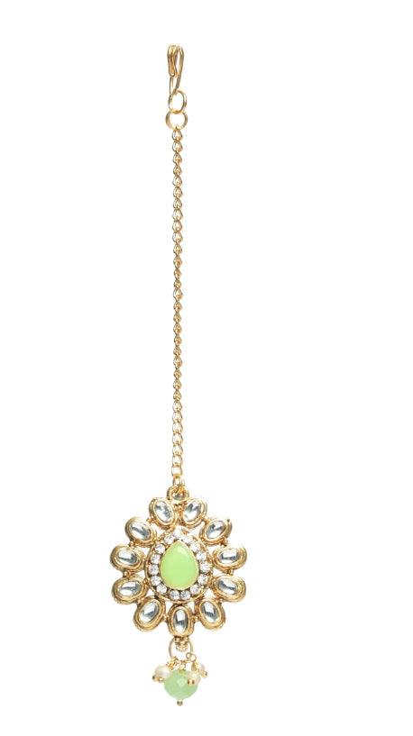 Women's Mint Green Coloured Gold-Plated Kundan-Studded & Beaded Handcrafted Jewellery Set - Jazz And Sizzle - Indiakreations