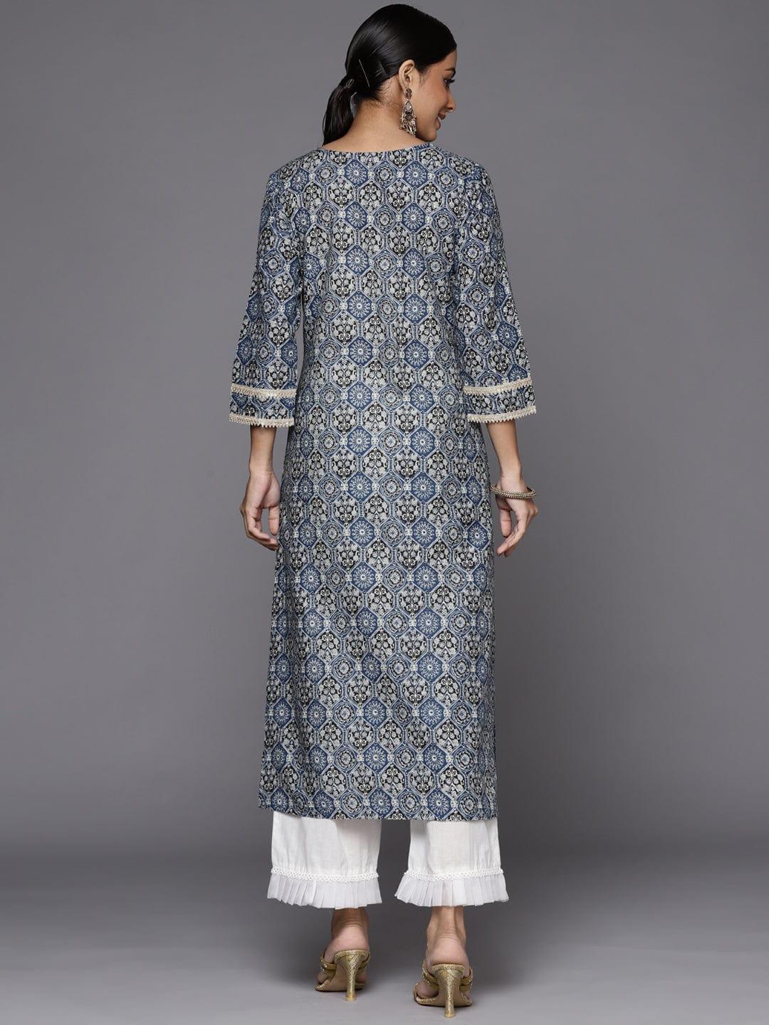 Varanga Winter Blue printed straight kurta with Lace Embellishment - Indiakreations