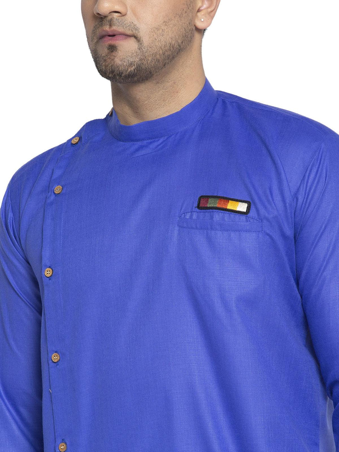 Men's Cotton Royal Blue Asymmetric Solid Kurta With White Trousers - Benstoke - Indiakreations