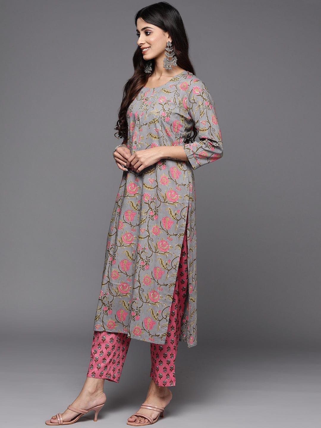 Varanga Women Grey Ethnic Motifs Printed Thread Work Pure Cotton Kurta with Trousers - Indiakreations