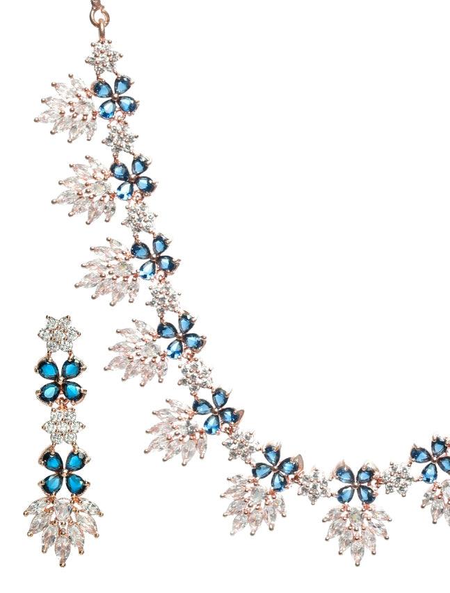 Women's Rose Gold-Plated Blue & White Ameriacna Diamond & Cz-Studded Floral Jewellery Set - Jazz And Sizzle - Indiakreations