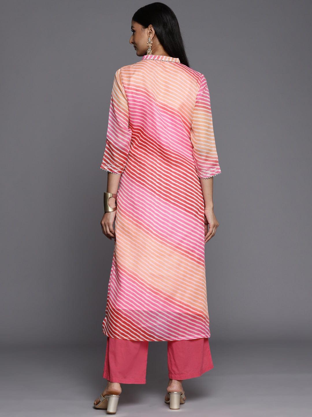 Varanga Women Pink & Orange Leheriya Printed Gotta Patti Chanderi Silk Kurta - Indiakreations