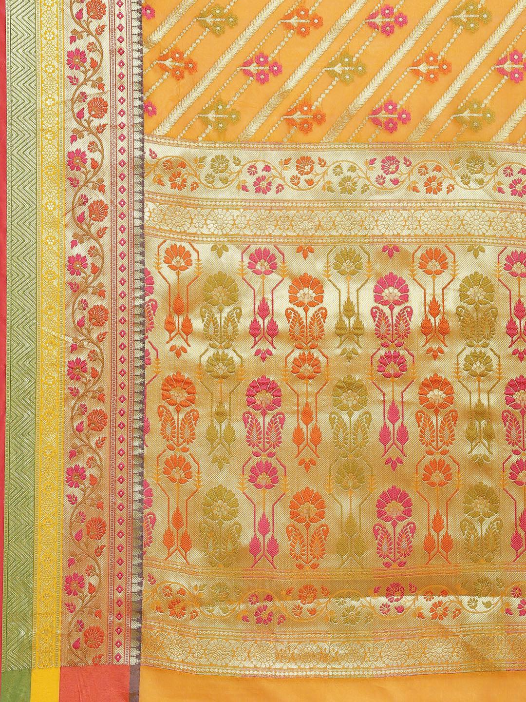 Women's Mustard Silk Jaamdani Cutwork Saree - Varanasi - Indiakreations