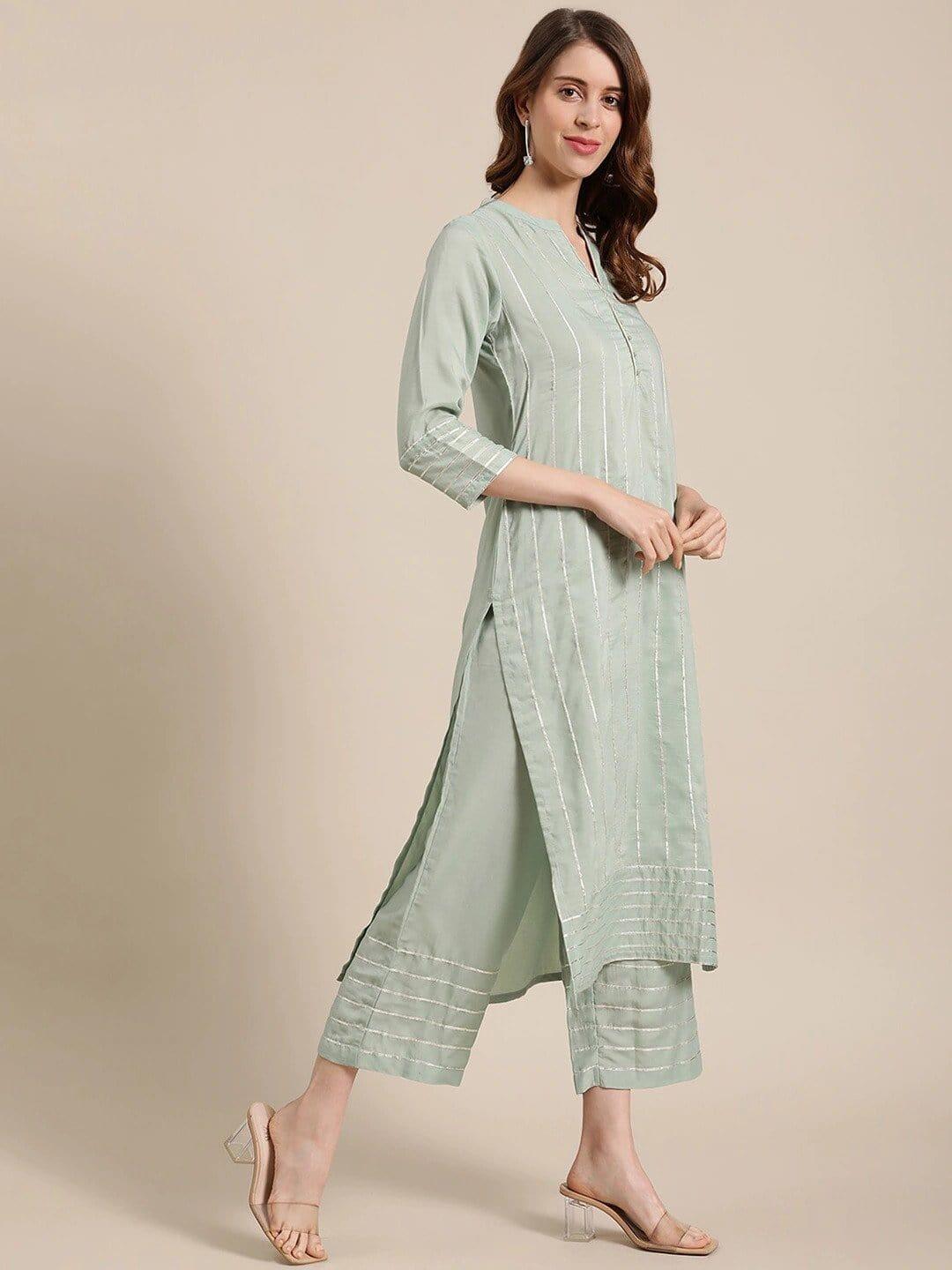 Sea Green Colored Straight Kurta with Palazzo - Indiakreations