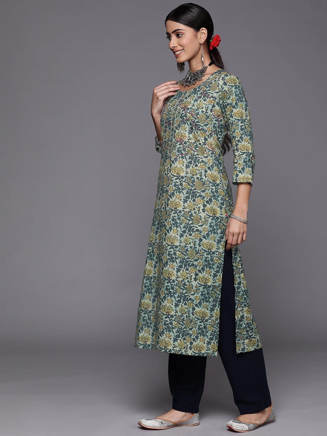 Varanga Women Green & Teal Blue Ethnic Motifs Printed Gotta Patti Kurta - Indiakreations