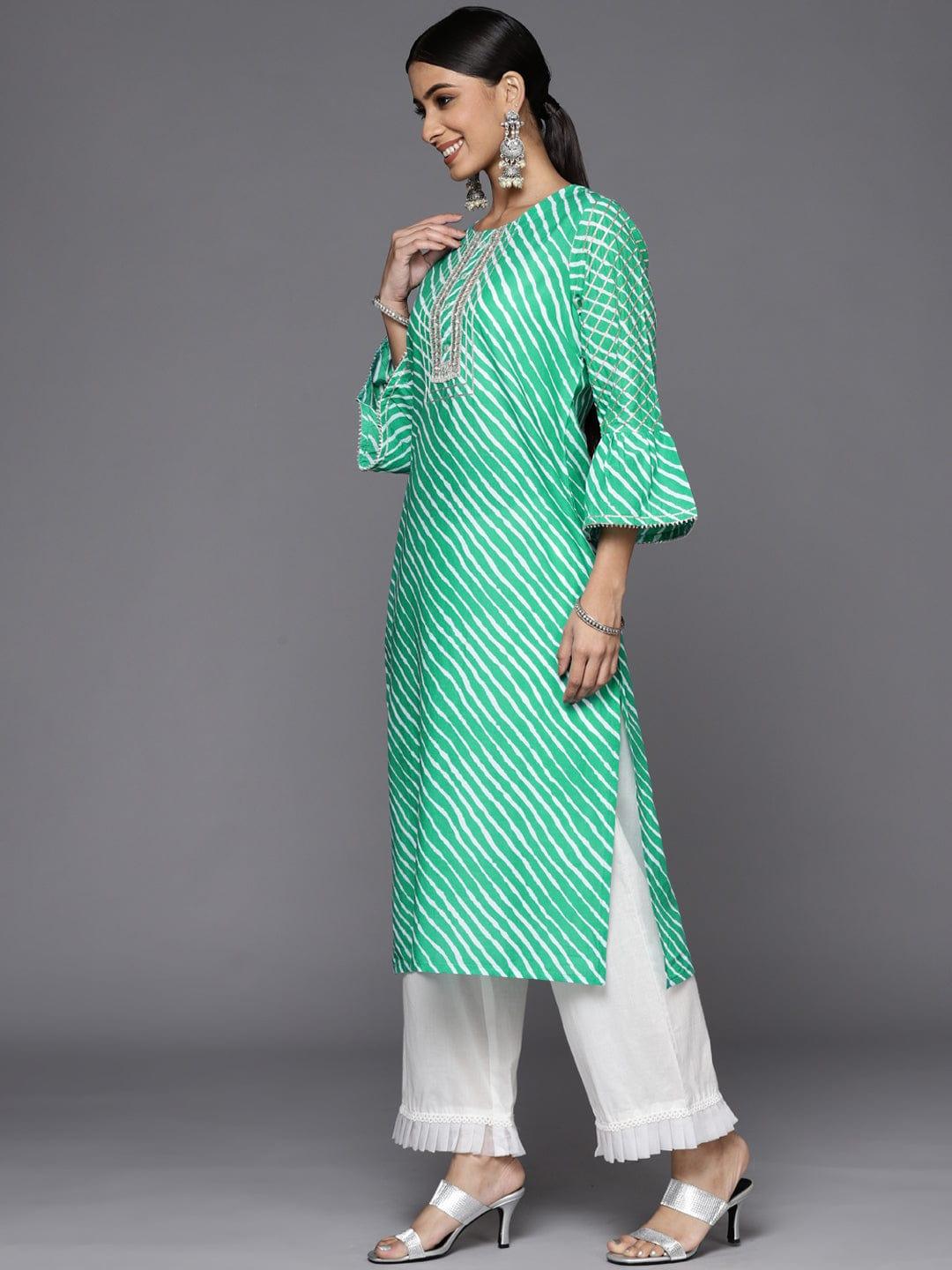 Varanga Women Green & White Leheriya Printed Bell Sleeves Gotta Patti Kurta - Indiakreations