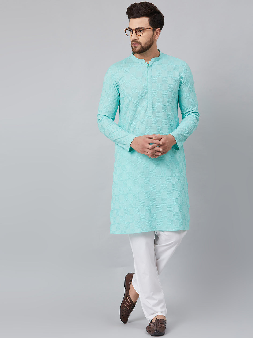 Men's Lime Green Green Chikankari Embroidered Woven Design Straight Kurta With Pyjama - See Designs