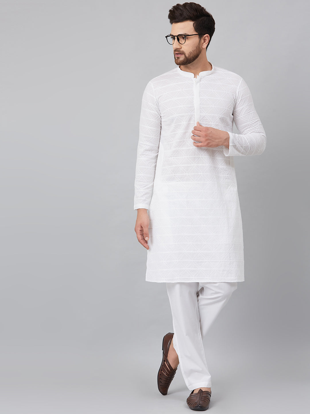 Men's White Green Chikankari Embroidered Woven Design Straight Kurta With Pyjama - See Designs