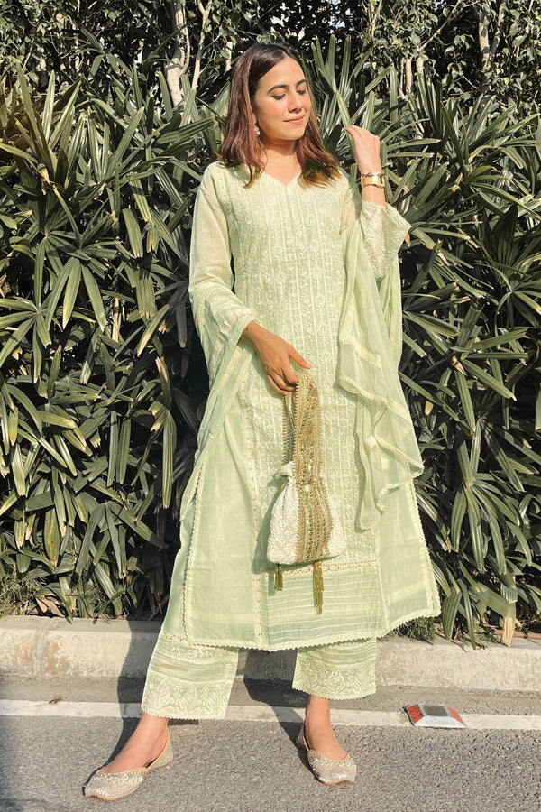 Arpita Gupta in Light Green Chikankari Chanderi Suit Set