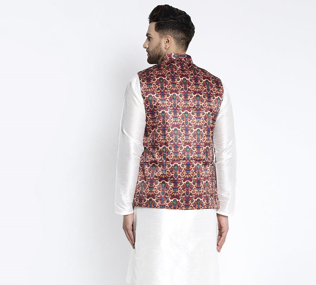 Men's Maroon & Multi Printed Nehru Jacket - Benstoke - Indiakreations