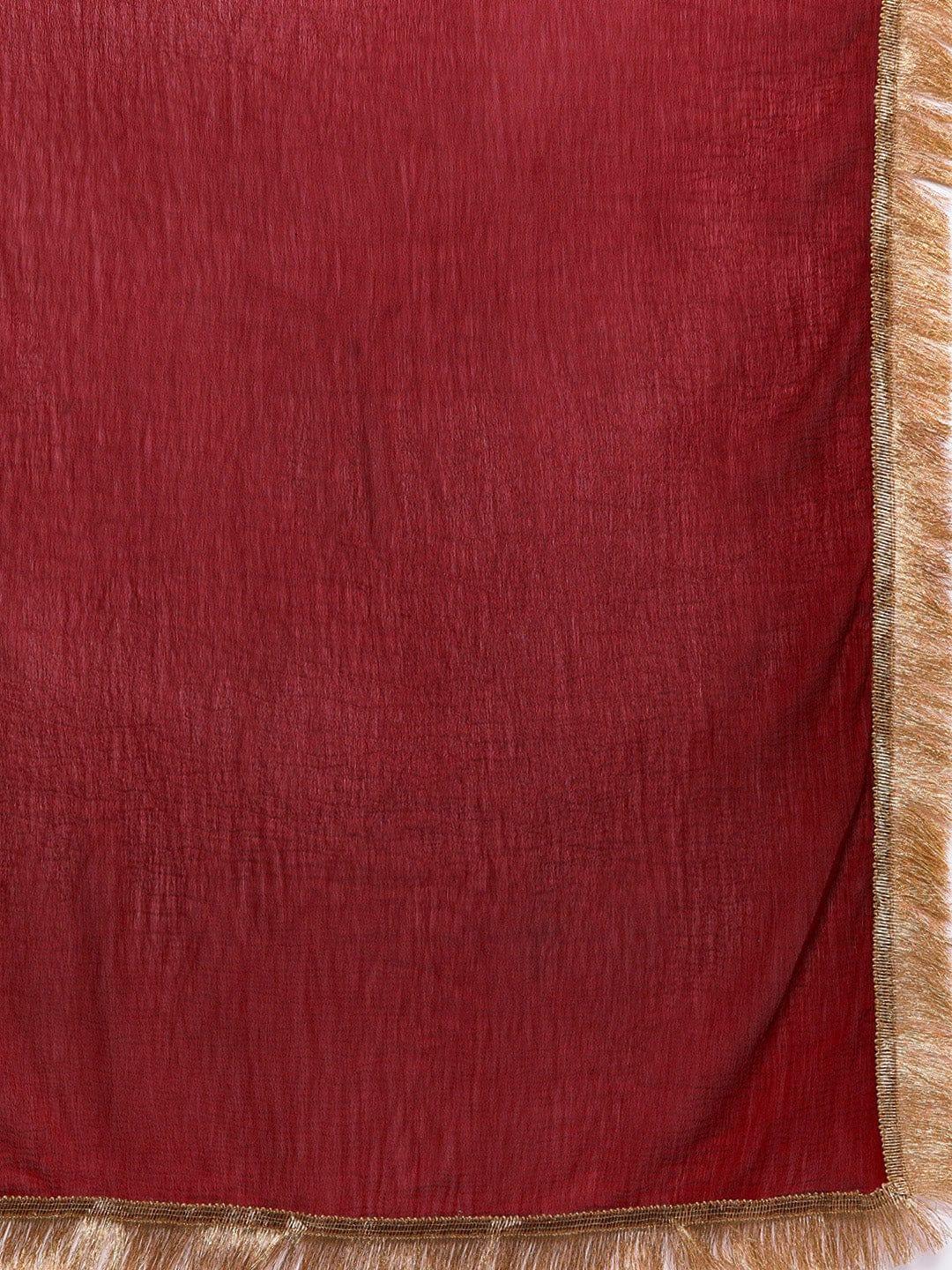 Varanga maroon embroidered kurta paired with tonal bottom and plain chiffon dupatta - Indiakreations