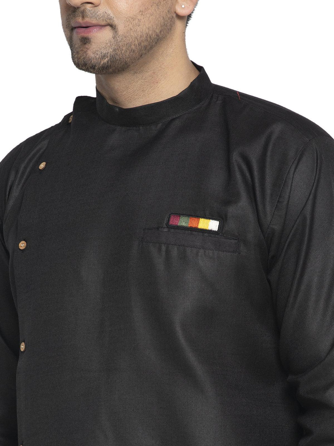 Men's Cotton Black Asymmetric Solid Kurta With White Trousers - Benstoke - Indiakreations