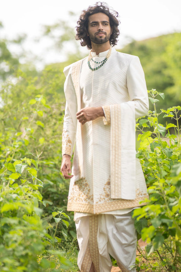 Men's Cream Gold Embroidered Sherwani - HILO DESIGN