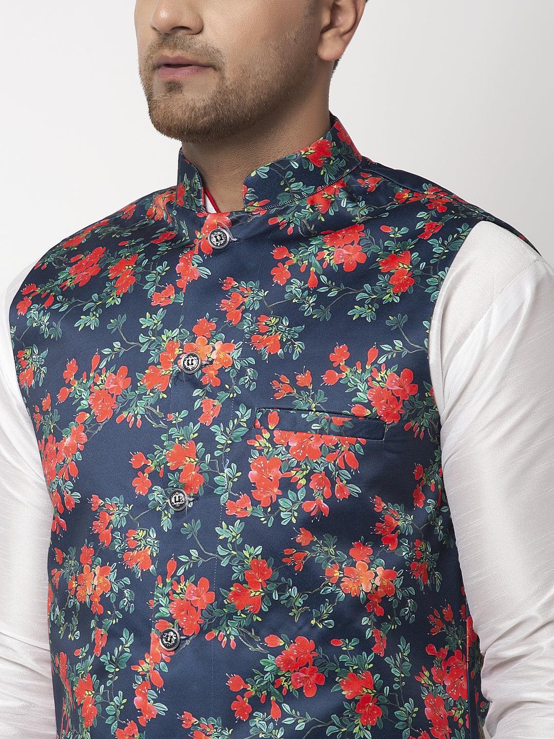 Men's Navy Blue & Orange Printed Nehru Jacket - Benstoke - Indiakreations